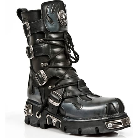 New Rock Flame geaccentueerde zwart/zilver lederen laarzen-591-S2