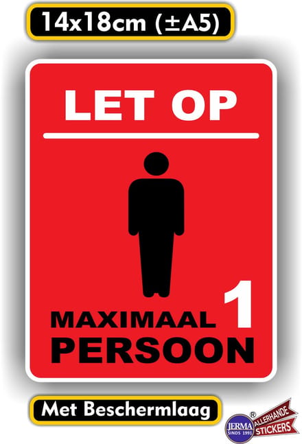 Jerma - Sticker - Maximaal 1 persoon in deze ruimte – 14 x 18 cm - Vinyl - Zelfklevend - Krasbestendig
