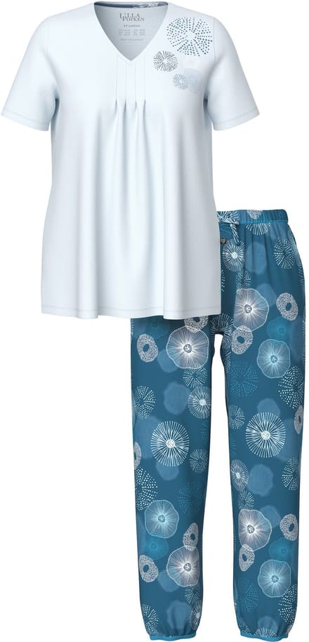 Ulla Popken - Dames - Pyjama cirkels V-hals korte mouwen elastische zoom - Ijszeeblauw - Maat 50+