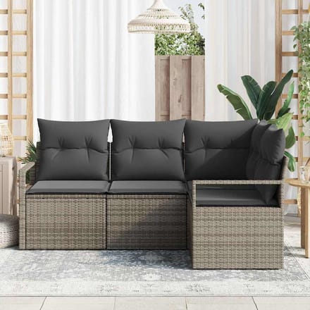 vidaXL Bankstel met kussen met opslag 4 pcs Grijs poly rattan