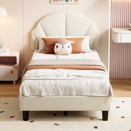 Fluwelen Kinderbed 90x200 – Verstelbaar Hoofdbord – Beige