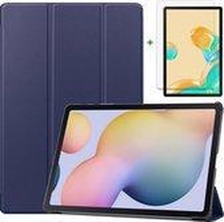 HB Hoes Geschikt voor Samsung Galaxy Tab S7 Plus Donker Blauw & Screenprotector - Trifold Tablet Case & Glazen Screenprotector