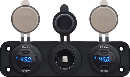 ProRide 12V USB C Autolader 2 Poorten - 45W/QC3.0 - Wattagemeter en 12V/24V Sigarettenplug - Drievoudig inbouw