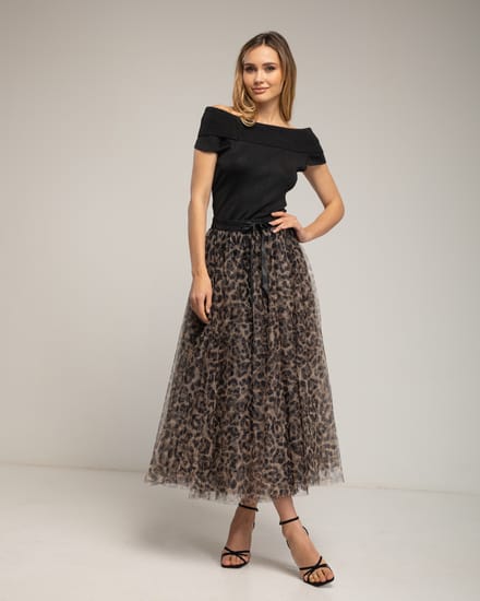 Gelaagde tule midi-rok in A-lijn met dierenprint en een elastische taille.