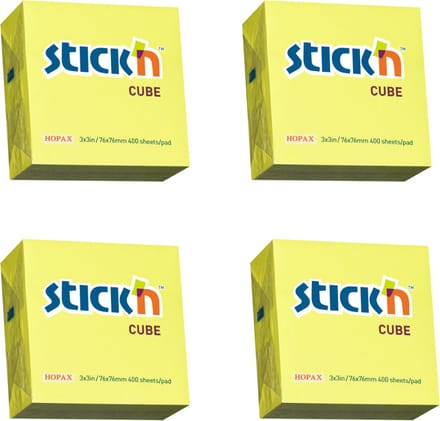 Stick'n Kubus sticky notes - 4 pack - 76x76mm, neon geel, memoblok 1600 memoblaadjes
