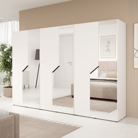 Meubella - Arena - Kledingkast 6-deurs - Spiegel - Wit - 300x202x50 cm