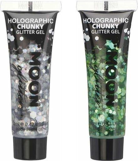 Moon Creations Chunky Glittergel set - voor lichaam en gezicht - zilver/groen