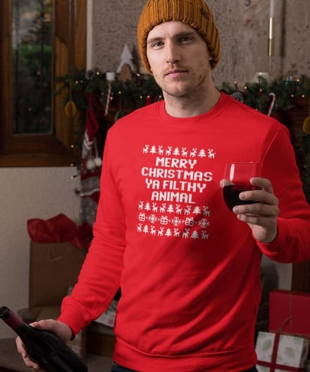 Foute Kersttrui Rood - Merry Christmas Ya Filthy Animal Wit - Maat S