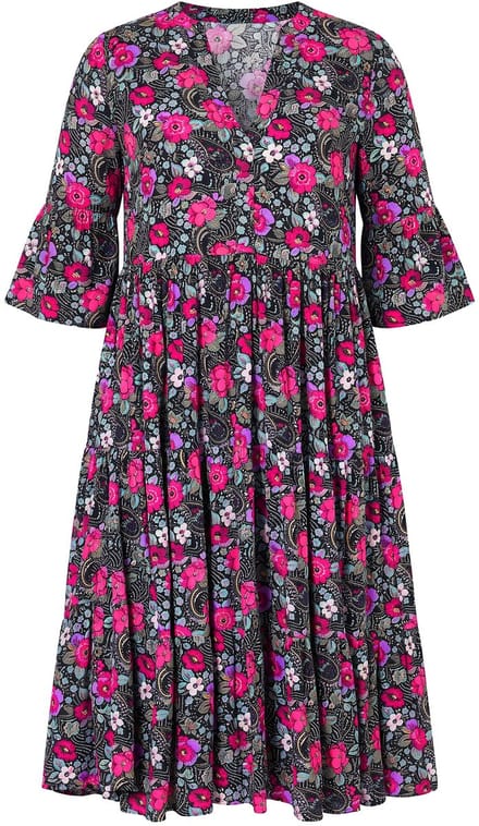 Studio Untold - Dames - Midi-jurk A-lijn bloemenpatroon - Zwart - Maat 46+