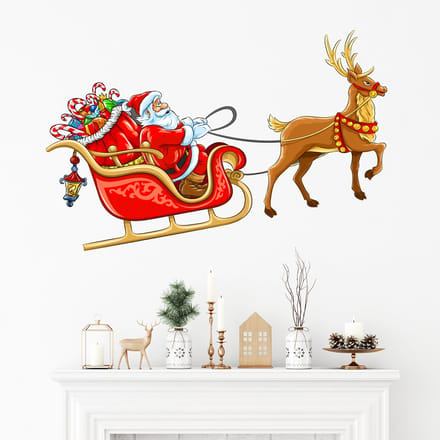Kerststicker van de Kerstman op zijn slee - Kerststickers - feestdecoraties - 50x100cm