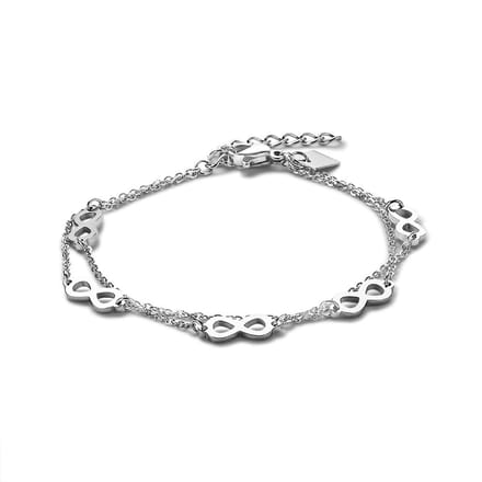 Twice As Nice Armband in edelstaal, dubbele ketting met 5 infinities 16cm+3cm