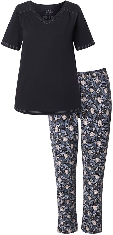 Ulla Popken - Dames - Pyjama bladeren V-hals korte mouw - Zwart - Maat 42+