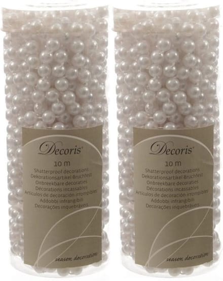 Decoris Kralenslinger - 2x - wit - 10 meter - kunststof - glans - kerstslinger - kerstboom versiering