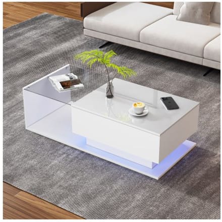 Salontafel - MUVOE - 100x50x32 cm - Hoogglans Wit - Gehard Glas - Geïntegreerde LED-verlichting wit