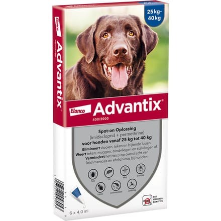 6 Pipetten x 4 ml Advantix 400/2000 Spot-on Solution voor Honden 25-40kg - NL