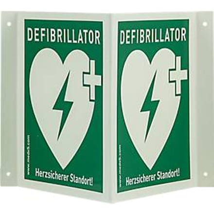 Defibrillator AED hoekbord, B 200 x H 200 mm, fluorescerend
