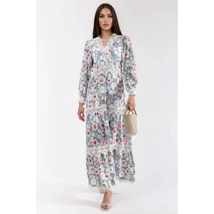 Maxi-jurk met V-hals en bloemenkantdetails