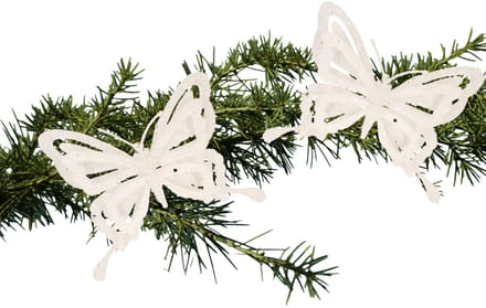 Kerstboomversiering Vlinder - 2x - 14 cm - wit glitter - op clip - ornament