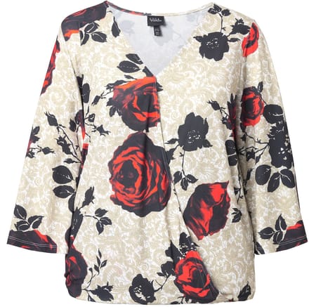 Ulla Popken - Dames - T-shirt rozen wikkellook 3/4-klokmouwen - Off-white - Maat 54+