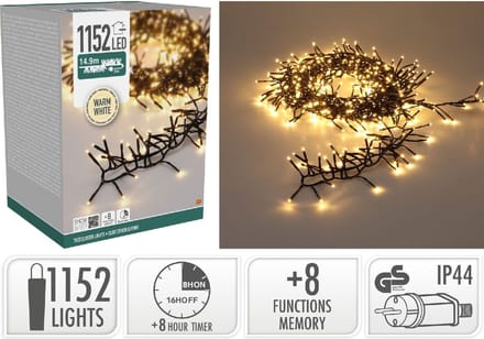 Treecluster Kerstboomverlichting -1152 LED Warm Wit - 1490 cm -Timer -8 Lichtstanden -Binnen Buiten
