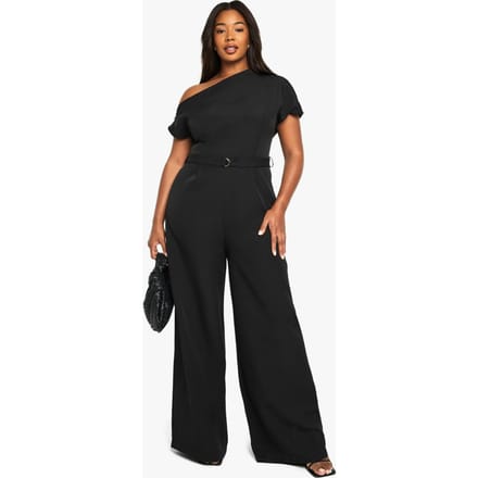 boohoo Dames PLUS asymmetrische jumpsuit met ceintuur | Black | Maat: 26