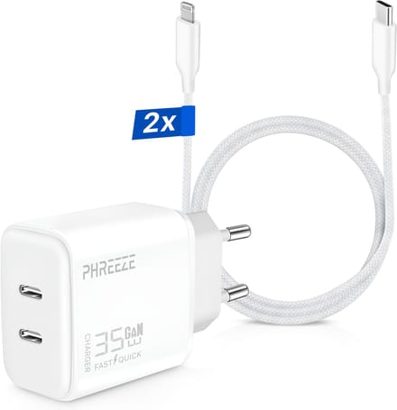 35w dual usb C power adapter geschikt voor Apple + Lightning naar USB-C kabel 2m - Oplader kabel geschikt voor iPhone / iPad / AirPods
