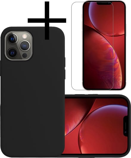 Hoesje - Met Screenprotector - Geschikt voor Apple iPhone 14 Pro Max - Sterk & Shockproof - Back Cover - Siliconen Case - Telefoon Hoes - Zwart