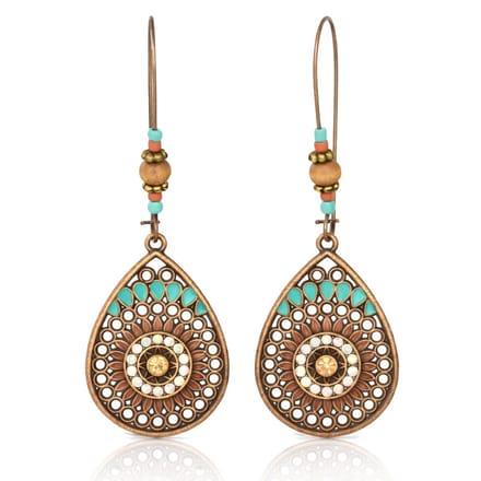 Dames druppel oorbellen Ibiza brons multicolor turquoise stenen