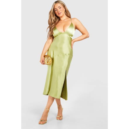 boohoo Dames Plus Satin Cross Back Midi Slip Jurk | Groente | Maat: 56