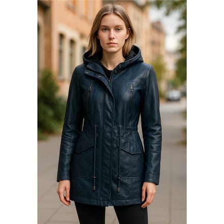 Dames blauwe leren parka met capuchon - Clare