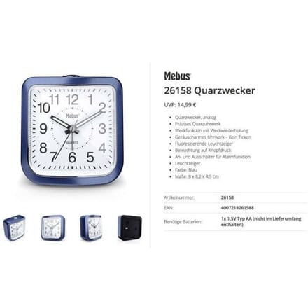 Mebus 26158 Wekker Kwarts Blauw