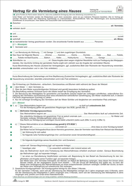 RNK Verlag 'Contract voor de huur van een huis' formulier