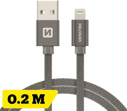 Swissten Korte Lightning Oplaadkabel 20 cm – voor iPhone & iPad – Gevlochten Nylon USB-A Kabel – Grijs