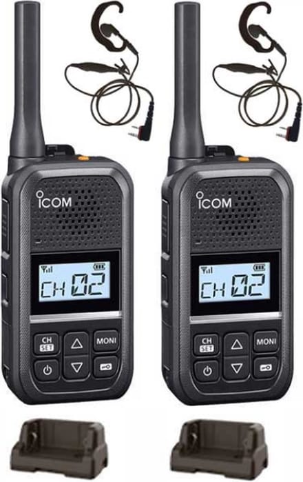 Set van 2 Icom IC-U20SR IP54 mini Portofoon met tafel lader en C-ring oortje