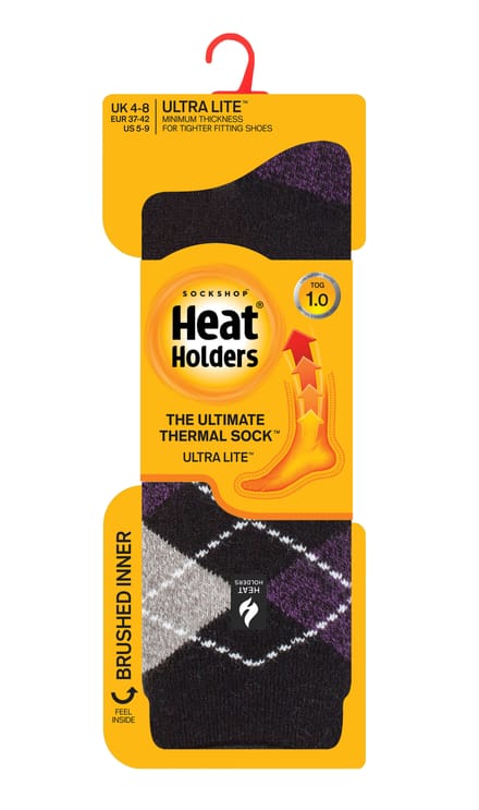 Heat Holders Dames Ultra Lite thermo geklede sokken - Zwart / Paars (Valletta)
