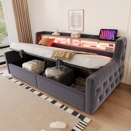 MODFU - Slaapbank – 90x200 cm – Met opbergruimte & LED – Fluweel – Grijs