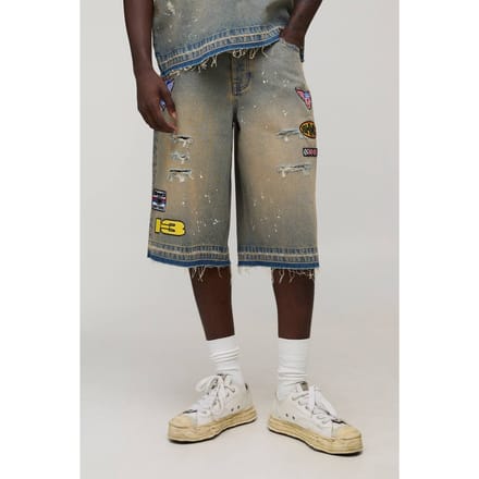 Gewassen Moto Badge Longline Jorts | Antique Blue | Size 34