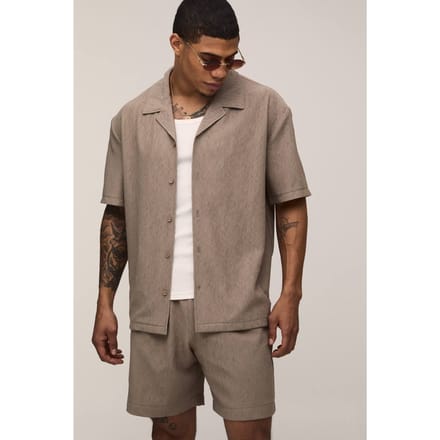 Oversized Shirt En Ontspannen Plissé Set Met Middellange Short | Stone | Size Small