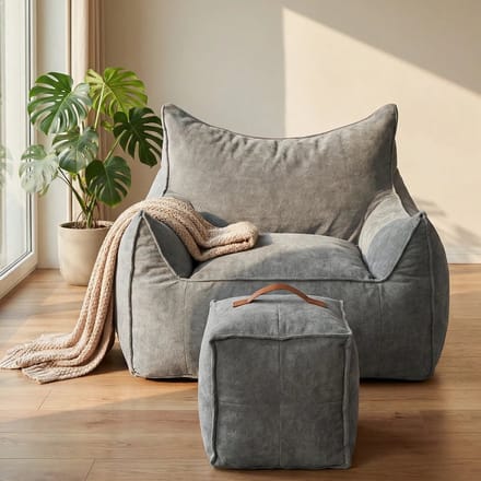 Puluomis - Zitzak sofa - Fauteuil met Poef - Fleece - Sponsvulling - 100x95x65cm - Grijs