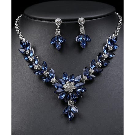Ensemble de bijoux pour femmes à la mode 3 pièces avec collier de fleurs contrastées en cristal, boucles d'oreilles et accessoires de robe de soirée 45cm black