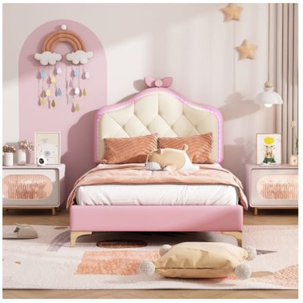 Lit simple - MUVOE - 90x200 cm - Rose - LED multicolores - Design ondulé avec nœud rose rose