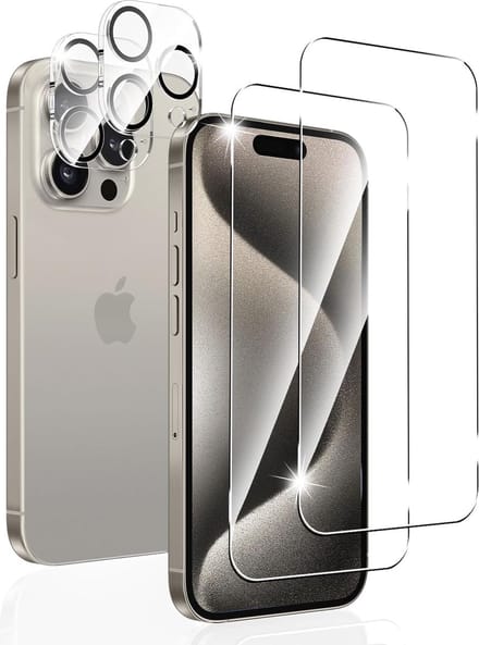 Glasplaatje Screen Protector 2x en Camera lens protector 2x / Tempered glass Screen protector Geschikt voor: iPhone 15 Pro Max - Beschermglas - Transparant