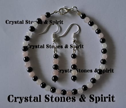 Set Rozenkwarts / Hematiet Armband en oorbellen 4 mm hang