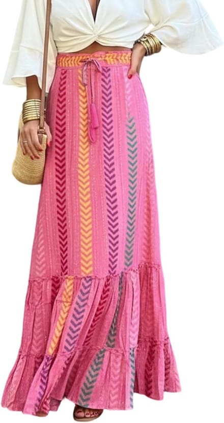 Zomer maxi jurk voor dames, boho A-lijn, hoge taille, elastische strandrok, casual en chic ontwerp