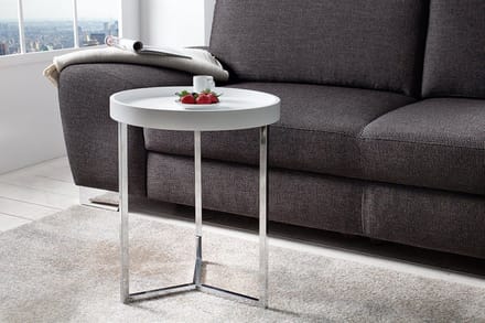 Extravagante bijzettafel  40cm wit chroom rond incl. Dienblad