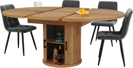 Notenkleur mdf uitschuifbare ronde eettafel met opbergruimte voor eetkamer 118-158cm