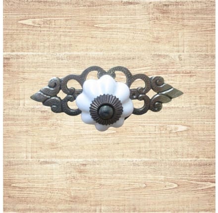 White Ceramic Cabinet Knob with Antique Brass Back Plate