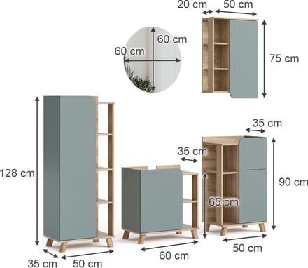 Vicco Badkamermeubelset Karen, Sonoma/Blauw, 5-delig