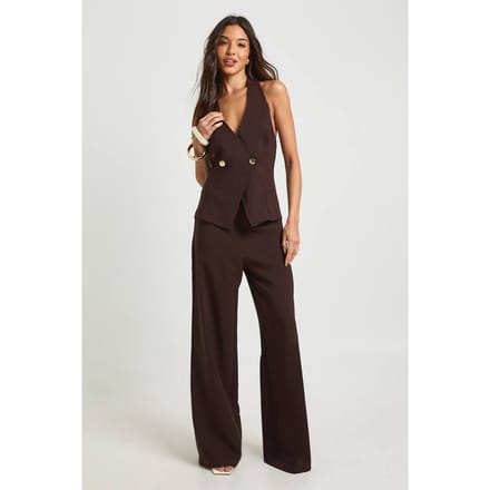 boohoo Dames Gouden Knoop Wikkel Jumpsuit | Chocoladebruin | Maat: 42