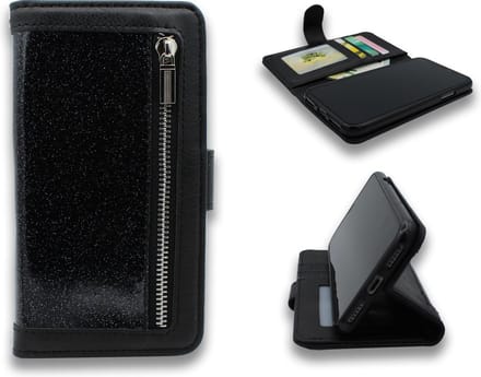 HB Hoesje Geschikt voor Apple iPhone 7 Plus & 8 Plus - Glitter - Zwart - Luxe Portemonnee Book Case met Rits